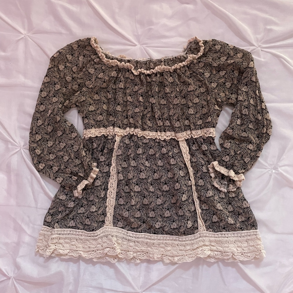 Brown/Cream Patterned Milkmaid Frilled top, Size S